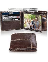 Swallowmall Leather Wallet for Mens Genuine Leather RFID Blocking Bifold Wallets with 1 ID Window 15 Card Slots