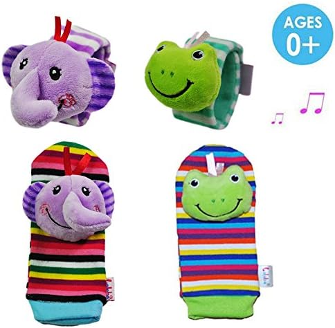 CiCi Baby Animal Wrist Rattles And Foot Finders Infant Baby Soft Education Development Toy Pack of 4 (Elephant and Frog)