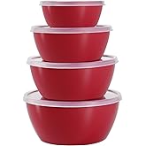 4-Piece Classic Plastic Prep Bowls with Lids, Nesting Plastic Small Mixing Bowl Set for Mixing, Baking, Prepping, Cooking and Serving Food, Microwave and Dishwasher Safe (Red)