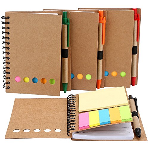 MoMaek 4 Sets Spiral Notebook Cover Paper Steno Pocket Notepad with Pen in Holder, Sticky Notes and Page Marker Index Tabs Flags