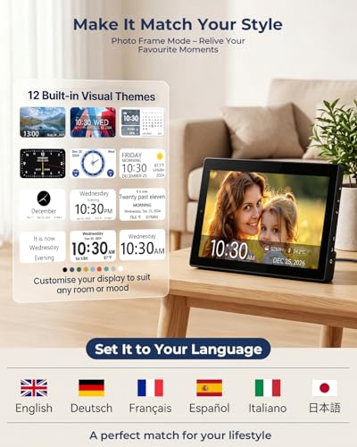 ROCAM 10 Inch Digital Clock, Digital Alarm Clock with Large Screen, Calendar, 20 Alarms and Reminders, 18 Ringtones, 12 Themes, Temperature and Humidity, USB and SD Photo Album | Pantalla grande 10,1", 20 alarmas, recordatorios personalizados, fotos USB/SD, temperatura, humedad, pared o mesa