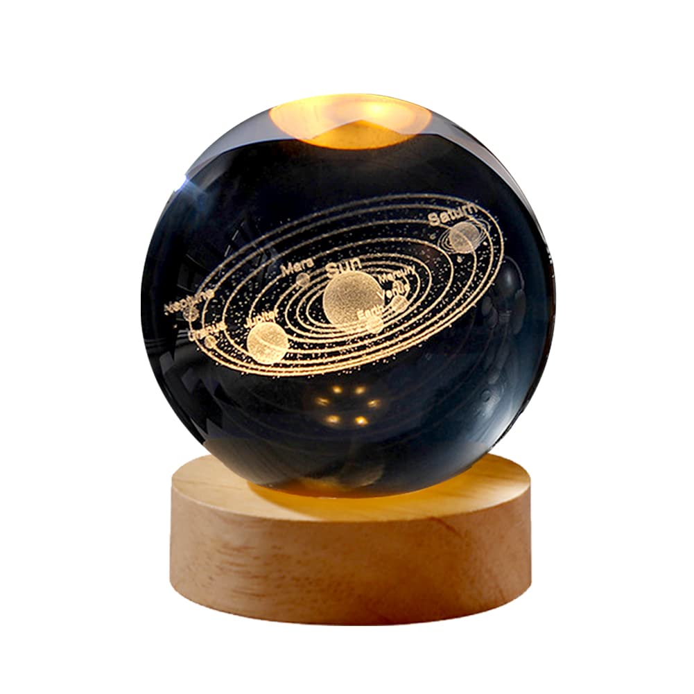 Akin Crystal Ball, Clear 3D Carved Solar System Crystal Ball with Wood Base LED Light, Exquisite Home Decor Ornaments Crystal Ball Night Light Birthday Gift for Kids Friends, 60mm