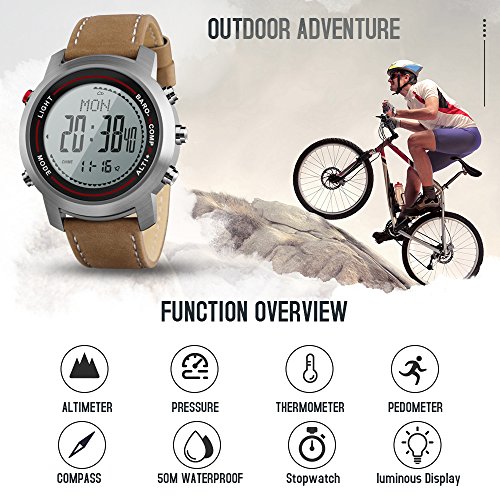 Men Digital Sports Watches with Compass Pedometer Altimeter Barometer Military Waterproof Wristwatch with Leather Band - Silver/Brown