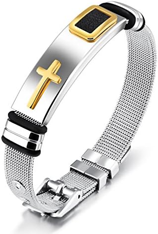 YEEGORStainless Steel Religious Cross Bracelet for Mens Boys Sporty Wristband Punk Style Adjustable Watch Bangle