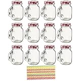12-Pack Mason Jars - Mini Clear Mason Jar Set with Decorative Lids and Plastic Straws, Glass, Assorted Colors, 3.5 x 3 x 2 inches.