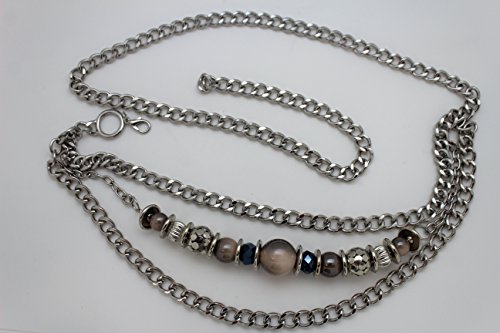 TFJ Women Fashion Belt Side Hip Waist Big Beads Chunky Metal Chain Links Silver S M L