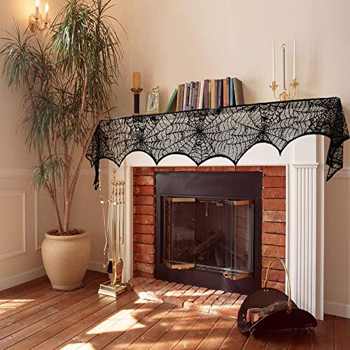 Halloween Cobweb Fireplace Scarf, Black Lace Spiderweb Mantle Scarf for Halloween Home Party Supplies, 18 x 96 inch