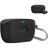 Silicone Shockproof Protective Skin Case Cover for JBL Vibe Buds, Portable Logo Visible Design for JBL Vibe Buds Headphones Charging Case Cover with Carabiner （Black