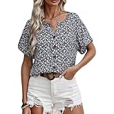 Chicyoo Womens Summer Tops Floral Art V Neck Ladies Button Down Casual Cute Blouse Wildflowers Graphic Short Sleeve Shirt