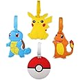 Pokemon Travel Luggage Tags Set of 4 with Adjustable Strap, Pikachu Pokemon Ball Squirtle Charmander Id tag for Backpack, Sui
