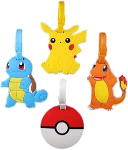 Pokemon Travel Luggage Tags Set of 4 with Adjustable Strap, Pikachu Pokemon Ball Squirtle Charmander Id tag for Backpack, Suitcase, School Bag, Baby Stroller, Best Gift for Kids