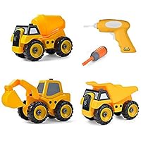 Build Me Set of 3 Take Apart Construction Truck Toys, Dump Truck, Cement Truck, Excavator with Sounds, Educational Build It Yourself Vehicles with Battery Powered Drill