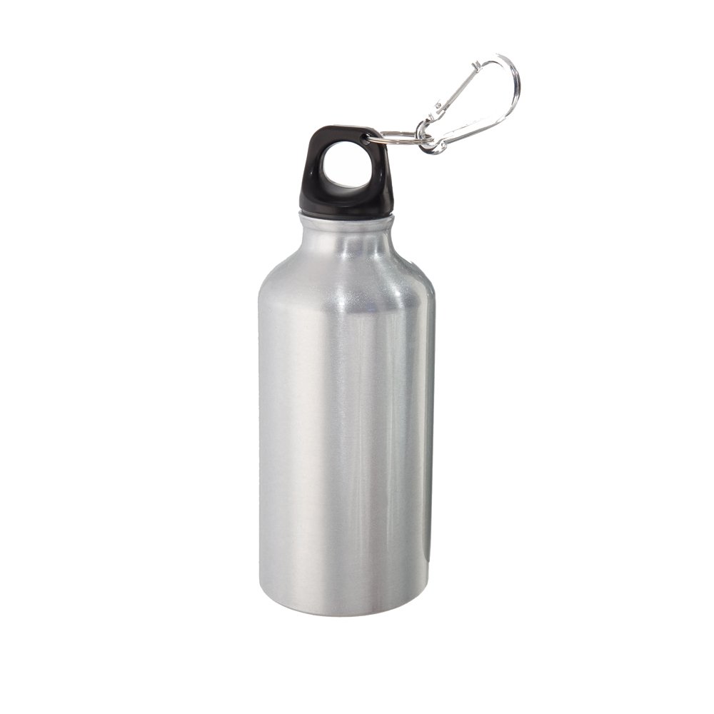 Aluminium Drinking Water Bottle with Screw cap and Carabiner, 400ml (Silver) — image 1