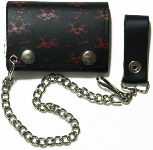 Red Skull and Crossbones Design Biker Chain Leather Wallet Tri Fold