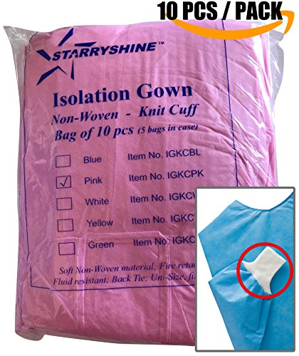 Dental Medical Latex Free Disposable Isolation Gowns Knit Cuff Non Woven | Fluid Resistant (10 Gowns / Pack, Pink)