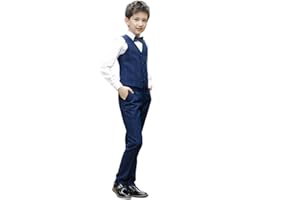 DANUOKU Boys Formal Suit Set with Vest, Pants, Shirt and Bow Tie,Wedding Ring Bearer Outfits for 4-14 Years