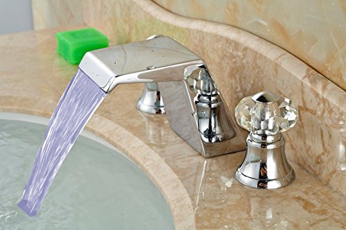 Holes 3 Bathroom Sink Faucet LED Light 3 Color Changing Waterfall Spout Faucet Bathroom Sink Two Handle