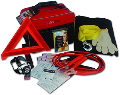 Justin Case Premium Auto Safety Kit with 365 days of Roadside Assistance – Car Emergency Kit with Booster Cables, Tow Strap, First Aid Kit, Blanket, Poncho, Gloves, LED Headlamp, Reflective Triangle