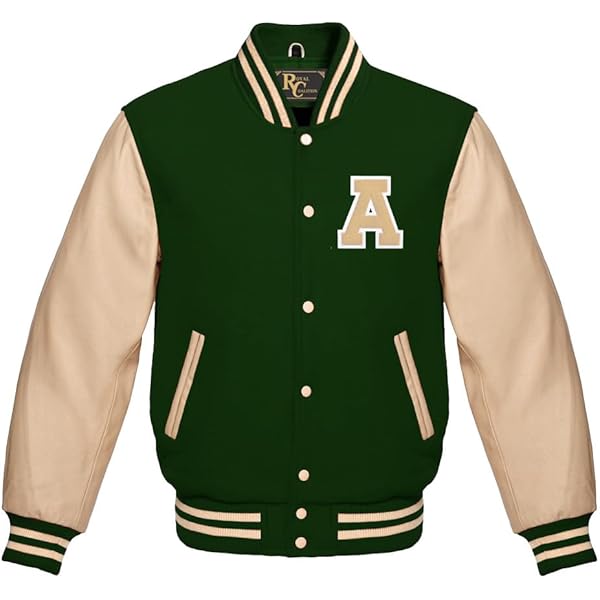 Men's Varsity Baseball Letterman Bomber Green Wool & Cream Genuine
