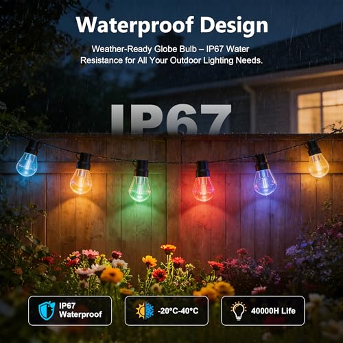 Outdoor String Lights 150FT, RGB+IC Outside Light Dimmable Shatterproof LED Bulbs, IP67 Waterproof Chasing Effect Lighting DreamColor Patio Strip Lights for Backyard, Balcony Outdoor Living