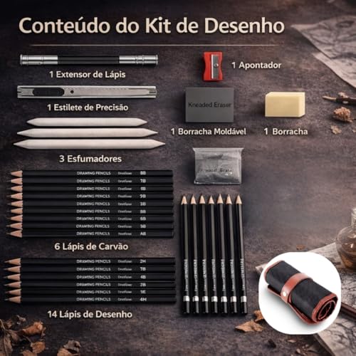 Kit Lápis de Desenho Profissional 29 Peças com Estojo Portátil, Lápis Artísticos, Borrachas, Estilete e Acessórios para Artistas e Estudantes Linha Super Premium 2H B HB 2B 3B 4B 5B 6B 7B 8B