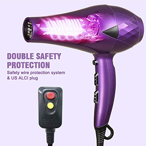 Ovonni Ionic Blow Dryer with Bonnet Hood, Pro 1875W Negative Ion Ceramic Tourmaline AC Moter Hair Dryer, 2 Speed/3 Heat Settings Cool Shot Long Life Styler Dryer with Concentrator/Nozzle (Purple)