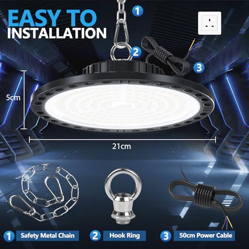 TASINUO UFO LED High Bay Lamp 100W 4PCS, 10000LM LED Bulbs Indoor Ceiling, 7000K Cool White, IP65 Waterproof Industrial LED for Garage, Warehouse, Office, Workshop