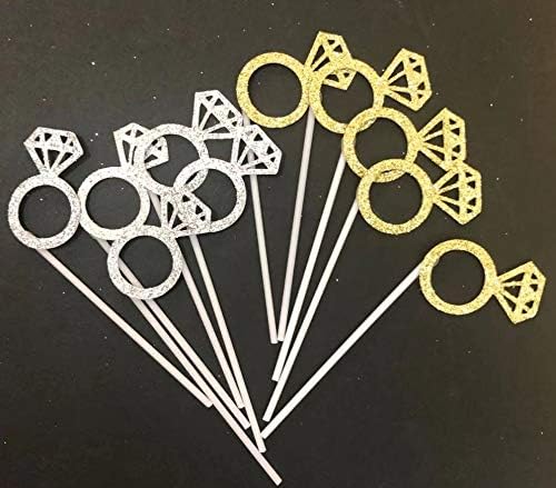 Handmade 10 Counts Glitter Cake Toppers for Decorating Frozen Cupcake Toothpicks - Gold and Silver Diamond Rings