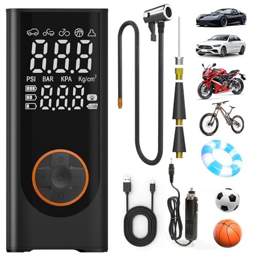 Piwaal Dual-Power Portable Air Compressor, Cordless Tire Inflator with Dual Display & Preset Function, 150PSI Auto Shut Off Pump for Car Tires, Motorcycle, Bike, Balls & Sports Equipment