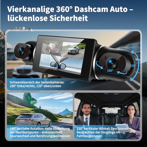 Dashcam Auto Vorne Hinten 4K/1080P,4 Kanal Auto Kamera mit 64GB SD-Karte,360°Dash Cam mit parküberwachung,4X140° Weitwinkel,3" IPS-Bildschirm,WDR Nachtsicht(8 IR-LEDs),G-Sensor,Loop-Aufnahme,WiFi App