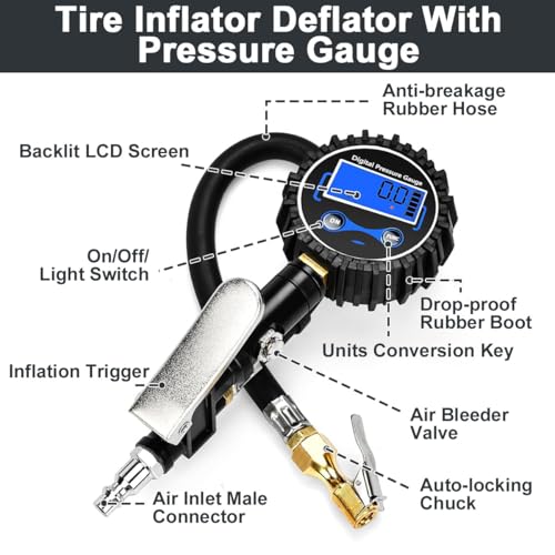 Digital Tire Pressure Gauge Inflator Deflator 200PSI, Air Compressor Kit LCD Air Chuck, Heavy Duty Rubber Hose, Quick Connect Coupler Leak-Proof Valve with Emergency LED Light For Car Bike Ball Truck