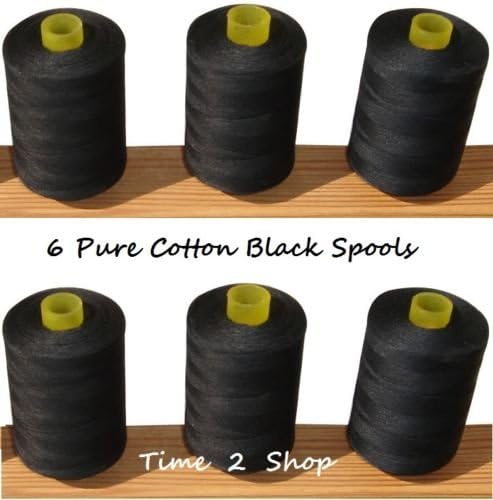 6 x Pure 100% Cotton Sewing Machine Thread 800M Large Black Spools/Reels