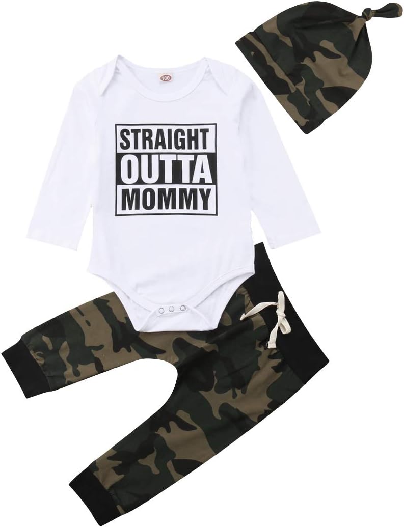 bebiullo 3PCS Baby Boy Girl Clothes Letter Print Romper Long Sleeves Jumpsuit Camouflage Pants Hat Clothing Outfits