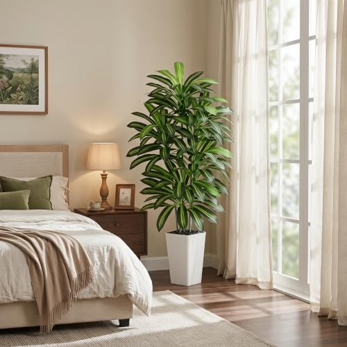 FSOHOI Artificial Dracaena Tree 6FT Artificial Plants Indoor Tall Fake Plants Faux Tree with White Tall Planter Fake Tropical Yucca Floor Plant for Home Office Living Room Decor Outdoor
