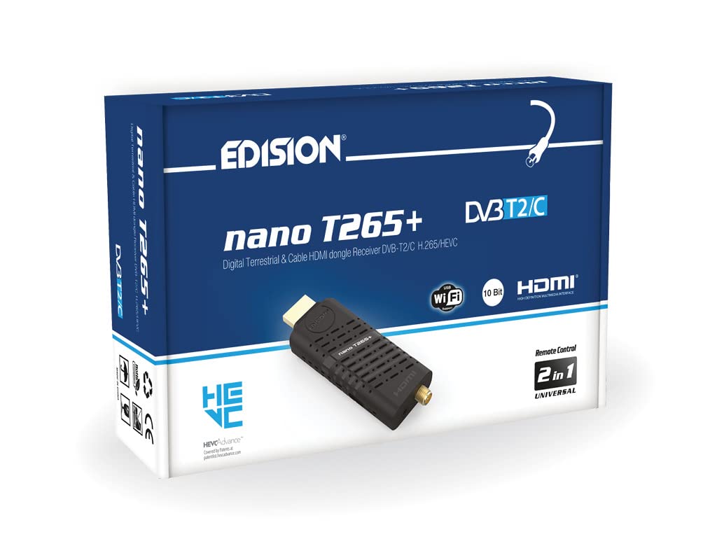 Edision NANO T265+ Terrestrial and Cable HDMI dongle Receiver, DVB-T2/C, H265 HEVC, FTA, Full HD, PVR, USB, HDMI, IR, USB WiFi Support, Universal 2in1 Remote Control
