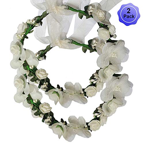 Flower Crown Headband Wreath Garland Hair Bands Floral Wedding Bridal Hair Hoop Women Leaf Ribbon Party Decoration Headdress Headwear Christmas Handmade Headpiece Hair Accessories 2 Pack Beige - Thumbnail 5