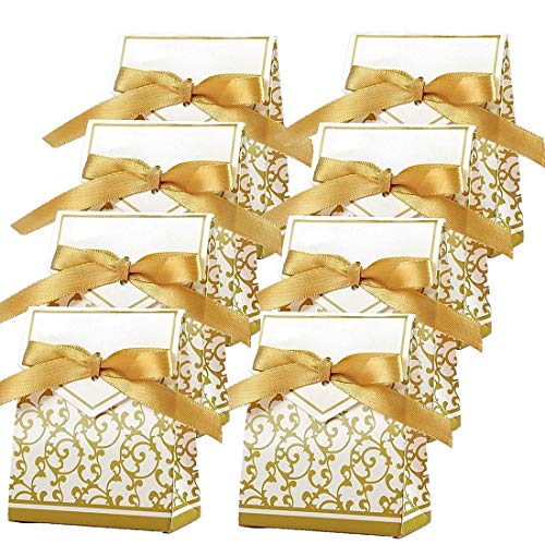 100 Pack Party Favor Boxes, Gold Decorative Boxes with Ribbons, for Small Party Gift, Chocolate, Wedding Cake Slices