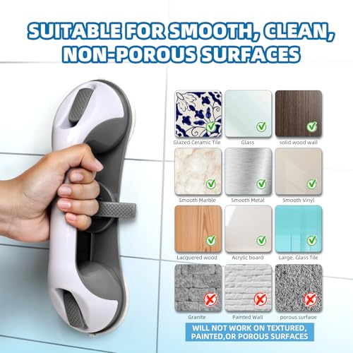Mikogo Grab Bars for Bathtubs and Showers, 2 Pack No-Drill Suction Shower Handles with 3 Suction Cups, Removable Bathroom Safety Balance Bars for Seniors, Smooth Tile & Glass, Gray