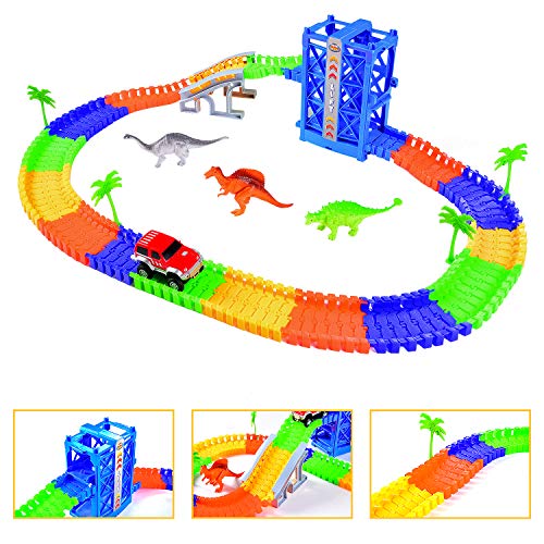 Fulljion Race Track Electric Car Large Lift Fast Sprint Flexible Track Playset Dinosaur World 120pcs 6.6ft Toy Train Set Tracks (1pcs Battery Included for Car)