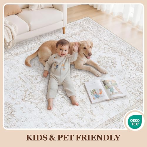 8x10 Area Rugs for Living Room:Beige Washable Vintage Medallion Rug Non-Slip Soft Low Pile Large Rugs Indoor Retro Carpet for Bedroom Kitchen Nursery Dining Table Office (Beige, 8'x10')