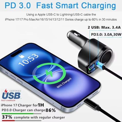 USB Car Cigarette Lighter Charger, PD3.0 Rapid Car Charger USB C Car Charger for iPhone 17/Air/16/15 Pro Max, iPad, Samsung Galaxy S25 S24, Huawei