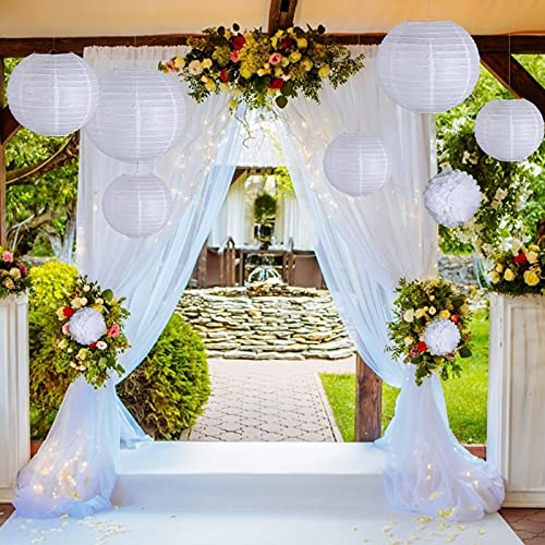 VGOODALL 15 Weiß Papierlaterne Set, 9 Weiß Papier Lampions in 3 Größen mit 6 Weiß Seidenpapier Pompoms Rund Lampenschirm für Party Garten Hochzeit Dekoration