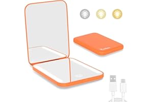 Kintion Rechargeable Pocket Mirror, Double Sided 1X/3X Magnification Compact Vanity Mirror, 3 Color Lights, Dimmable, Small Portable Wallet Mirror, Lighted Travel Mirror for Women Gifts, Orange
