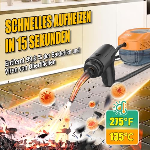 Muvano Handheld Steam Cleaner with 3 Levels Adjustable Handle, 1500 W Steam Cleaner, 100% Chemical-Free for Household, Kitchen, Upholstery, Bathroom, Car, High Pressure Steam Against Dirt Bacteria