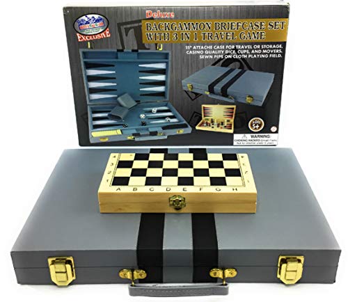 Matty's Toy Stop Deluxe 15" Backgammon Briefcase (Vinyl Gray Attache) with 3-in-1 Chess, Checkers & Backgammon Wooden Travel Games Set (8")