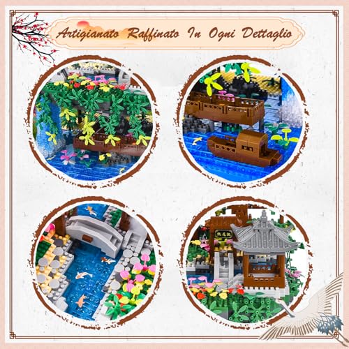 Charmofun 3320pcs Mini Building Bricks, Classic Chinese Garden Building Bricks Set with LED, Peach Blossom Pool Chinese Architecture, Creative STEM Gift for Kids and Adults