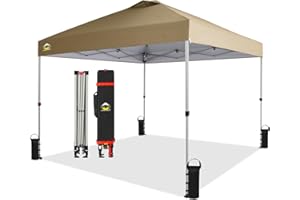 CROWN SHADES 10x10 Pop Up Canopy, Patented Center Lock One Push Tent Canopy, Newly Designed Storage Bag, 8 Stakes, 4 Ropes, Beige