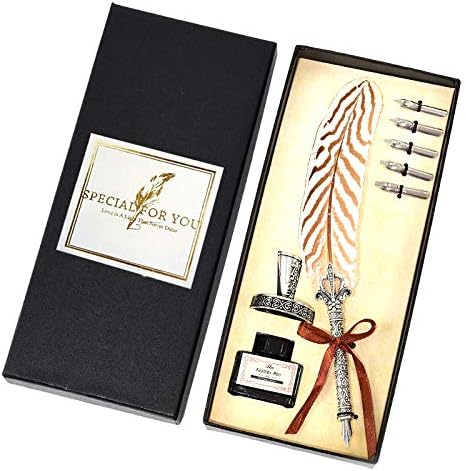 Ziv- Feather Writing Quill -Vintage Beautiful Feather Writing Quill Ink Set 100% Quality Guarantee (White+Brown)