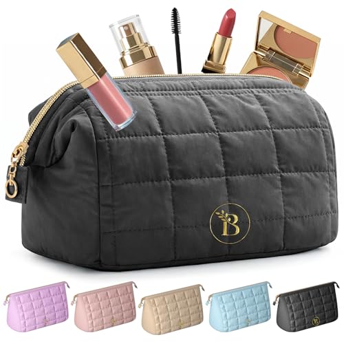 Quilted Black Makeup Bag for Women, Travel Toiletry Bag with Wide-Open Top & Zipper Pouch, Travel Makeup Case Organizer with Internal Pockets, Puffy Cosmetic Pouch for Everyday Essentials