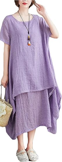 Amazon Co Jp ｓｅｍｏ１ｍｕｓ ワンピース 夏 レディース ドレス ロングワンピース ロングスカート ワンピース森ガール マキシワンピース ゆったり ふんわり 半袖 丸首 着痩せ 綿麻 体型カバー 透けない おしゃれ オフィス カジュアル 日常 服 ファッション小物